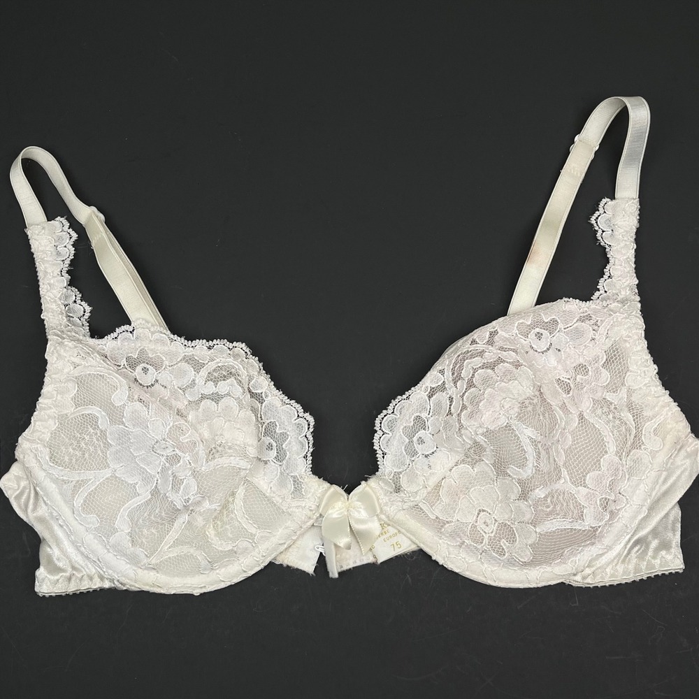 Vintage Victoria's Secret Lace Bra 34B White Floral Satin Gold Label Bridal